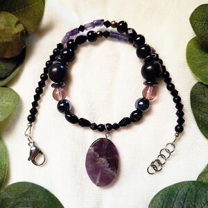 Whimsigoth Amethyst Oval Pendant Necklace – Black Agate & Faceted Glass Choker